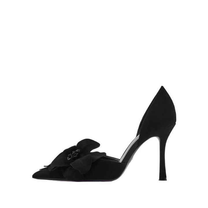 Damen Spitz zulaufende Abend‑D'Orsay‑Pumps mit handgefertigter 3D‑Blütenapplikation und sculpted Stiletto Drune