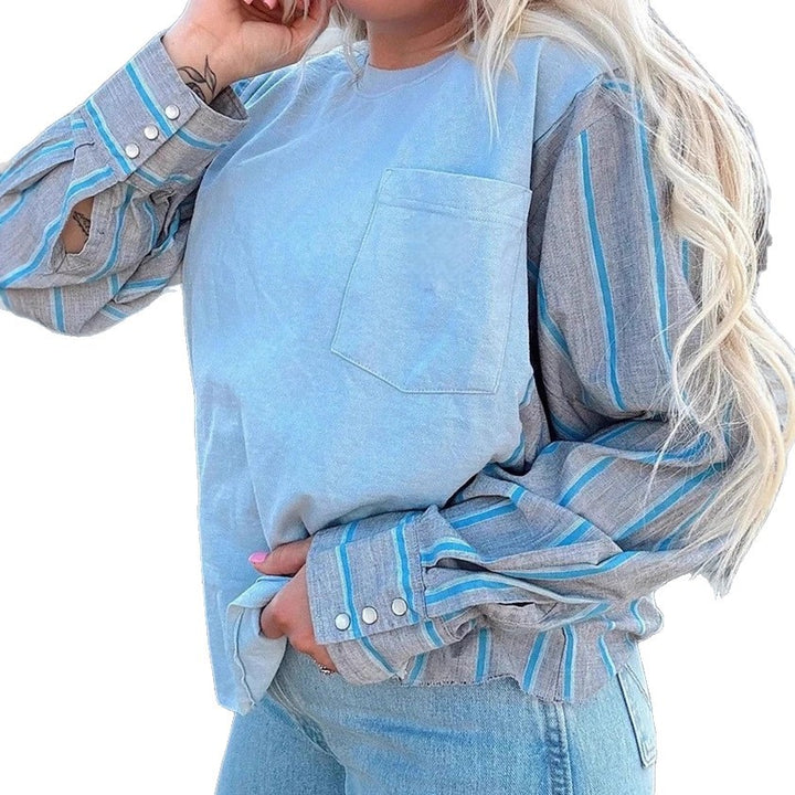Damen nan Langarmshirt im Lagenlook mit Brusttasche und gestreiften Hemdärmeln Drune