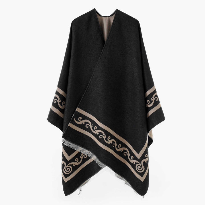 Damen Oversize Jacquard-Capeponcho aus Wollmix mit geometrischem Muster und Fransen Drune
