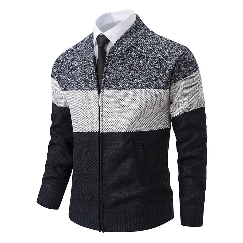 Herren Strukturierte Blockstreifen‑Strickjacke mit Frontzip, Stehkragen und Eingrifftaschen Drune