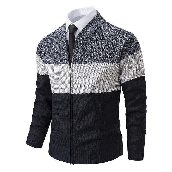 Herren Strukturierte Blockstreifen‑Strickjacke mit Frontzip, Stehkragen und Eingrifftaschen Drune