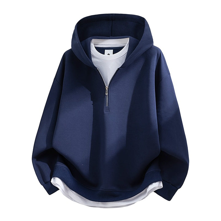 Unisex Oversize-Halbzip-Kapuzenpullover mit Lagen‑Optik, gerundetem Saum & gerippten Bündchen Drune