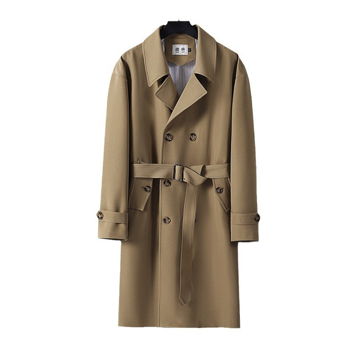 Herren Moderner knielanger Doppelreihiger Trenchcoat mit Taillengürtel Drune