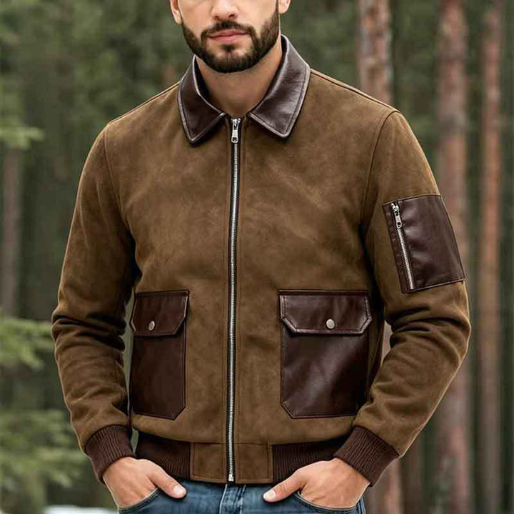 Herren Modische Lederjacke mit hohem Kragen und praktischen Taschen Drune