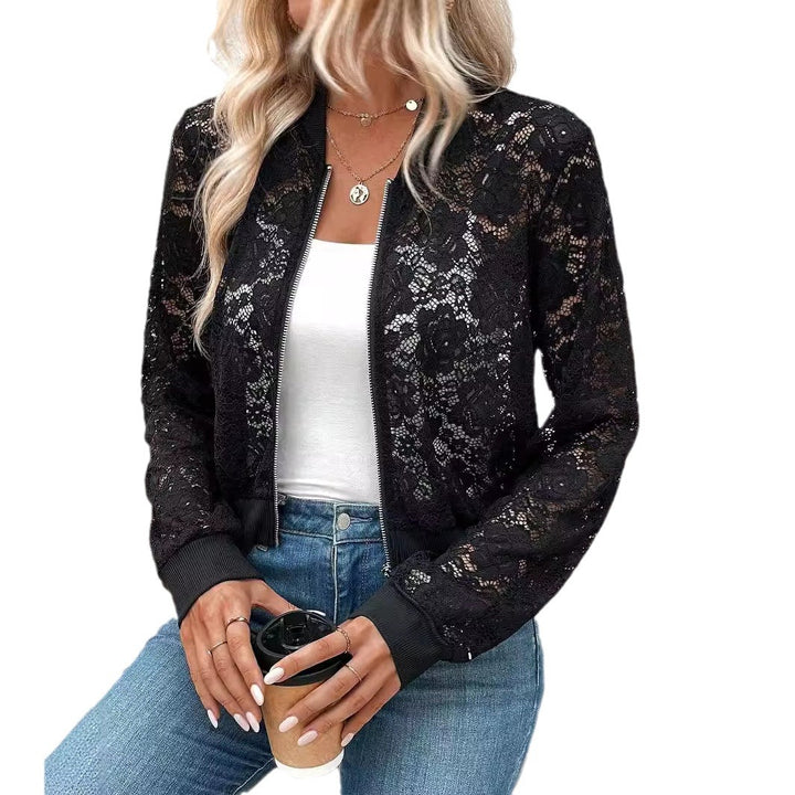 Damen nan Spitzen-Bomberjacke mit Reißverschluss, Rippbündchen und floraler Transparenz Drune