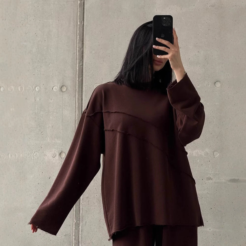 Damen weiches Oversize Lounge-Set mit diagonalem Ziernähten und extra weiter Palazzo-Hose Drune