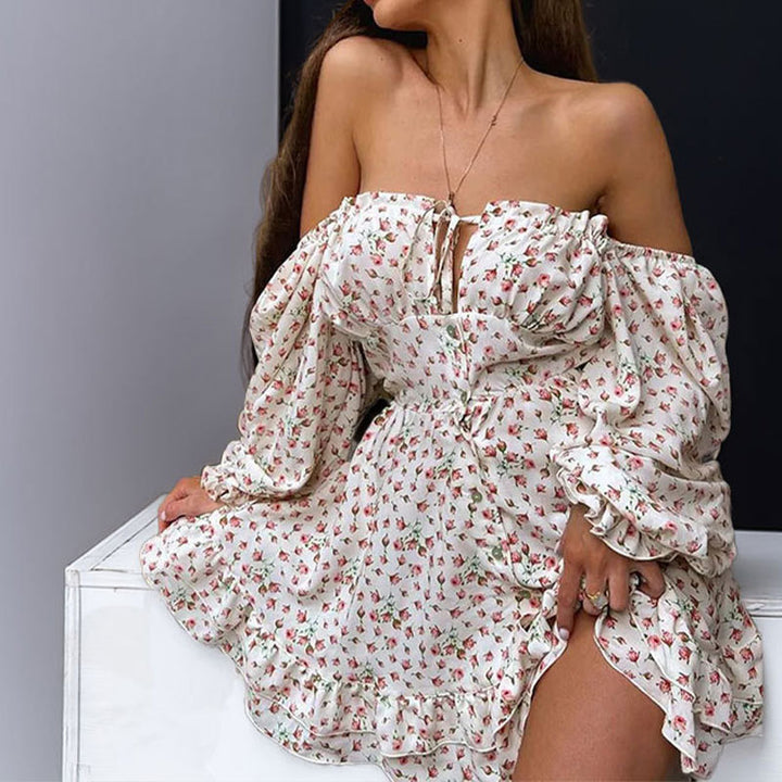 Damen Off-Shoulder Kleid mit floralen Mustern und Rüschendetails Drune