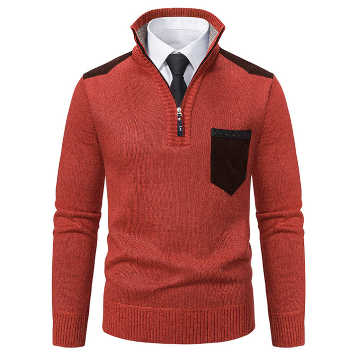 Herren nan Feinstrick-Halbzip-Pullover mit Stehkragen, Brusttasche und Schulterbesatz Drune