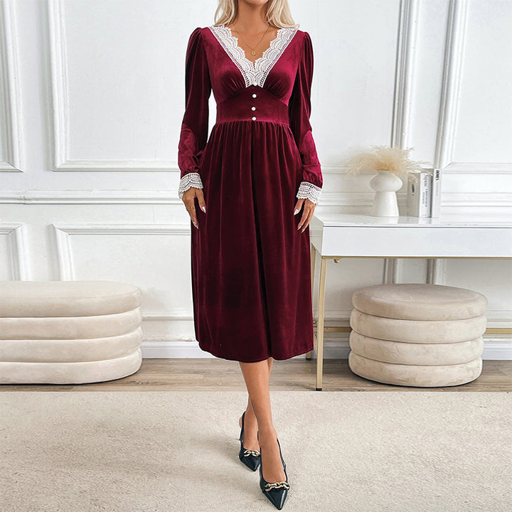 Damen Samt-Midikleid mit Spitzen‑V-Ausschnitt, tailliertem Empire‑Schnitt und Zierknöpfen Drune