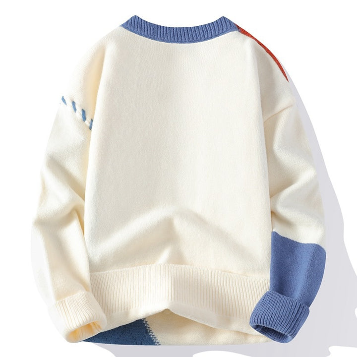 Unisex Patchwork-Strickpullover mit Zopfmuster-Applikationen und Rippabschlüssen Drune