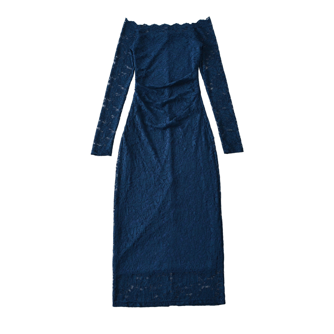 Damen Schulterfreies Spitzenkleid mit Taillenraffung und Langarm Drune