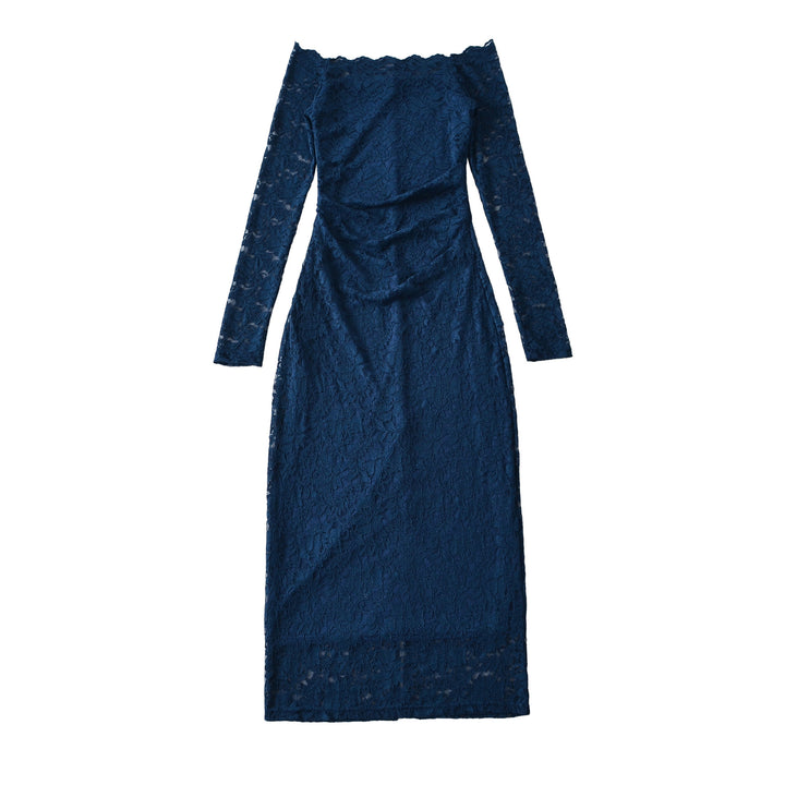 Damen Schulterfreies Spitzenkleid mit Taillenraffung und Langarm Drune