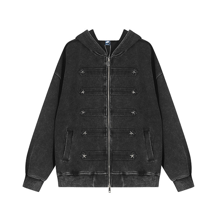 Damen Kapuzen-Sweatjacke mit Leopardenmuster, Veloursleisten und Sternnieten Drune