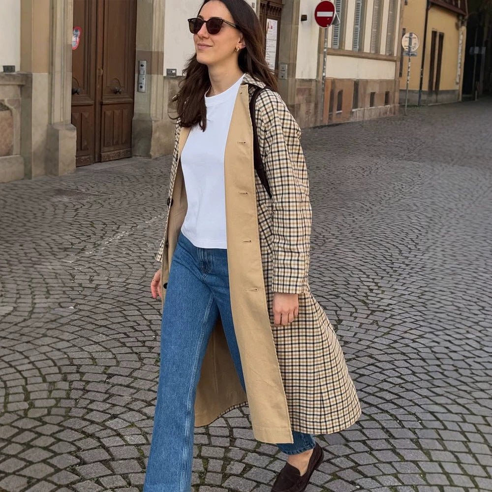 Damen Maxilanger karierter Wollmix-Mantel mit gerader Silhouette Drune