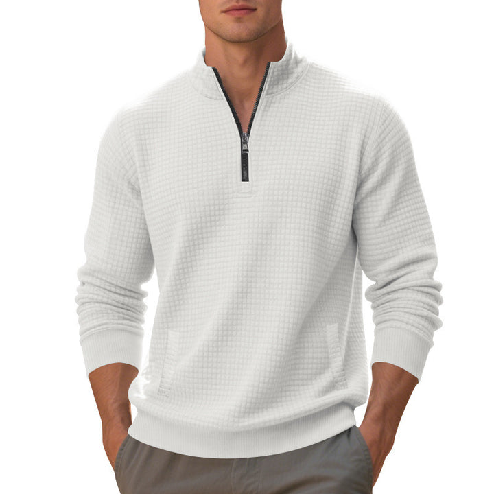 Herren Waffelstrick-Halbzip-Pullover mit Stehkragen, Kängurutasche & gerippten Abschlüssen Drune