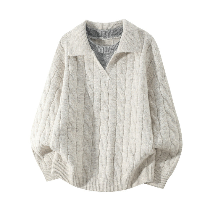Damen Oversize Zopfmuster-Pullover mit offenem Polokragen & Layer‑Look Drune