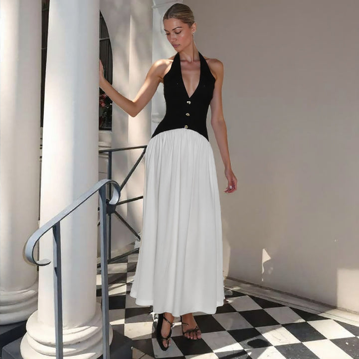 Damen Elegantes Maxikleid mit tiefem V-Ausschnitt und Knopfleiste Drune