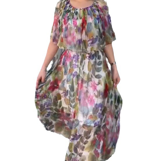 Damen nan luftiges Chiffon-Maxikleid mit floralem Print, gerafftem Rundhalsausschnitt und elastischem Taillenband Drune