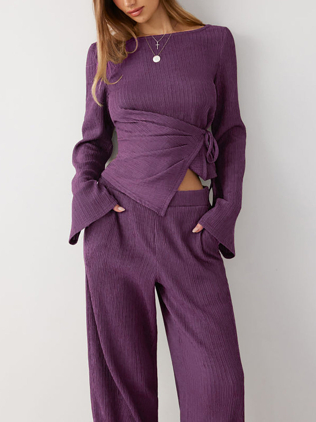 Damen Zweiteiliges geripptes Lounge-Set mit Wickeloberteil und weiter Hose Drune