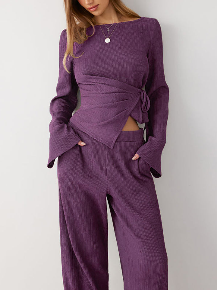 Damen Zweiteiliges geripptes Lounge-Set mit Wickeloberteil und weiter Hose Drune