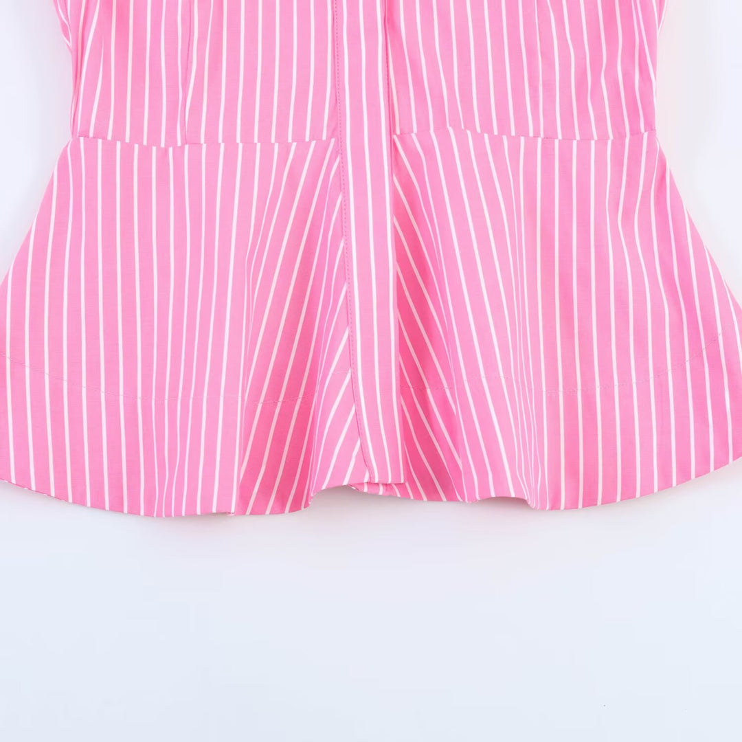 Damen Gestreifte Peplum-Bluse mit Ballonärmeln und Hemdkragen Drune