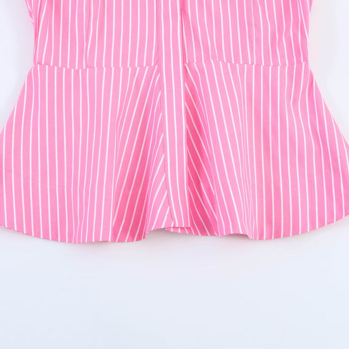 Damen Gestreifte Peplum-Bluse mit Ballonärmeln und Hemdkragen Drune