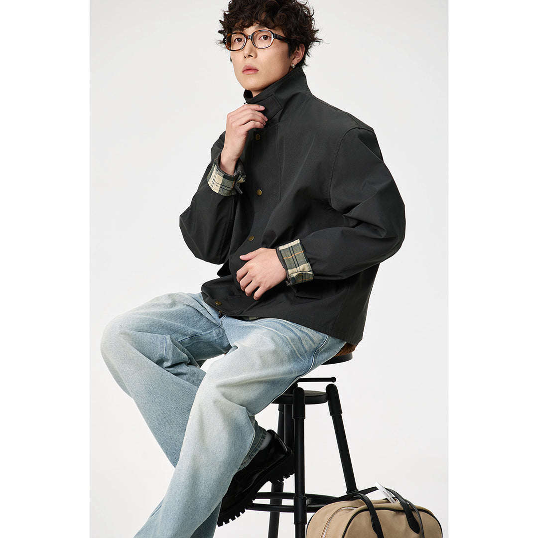 Herren Kurz geschnittene Canvas‑Fieldjacke mit Cordkragen und verdeckter Druckknopfleiste Drune