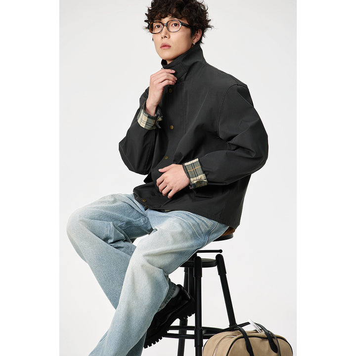 Herren Kurz geschnittene Canvas‑Fieldjacke mit Cordkragen und verdeckter Druckknopfleiste Drune