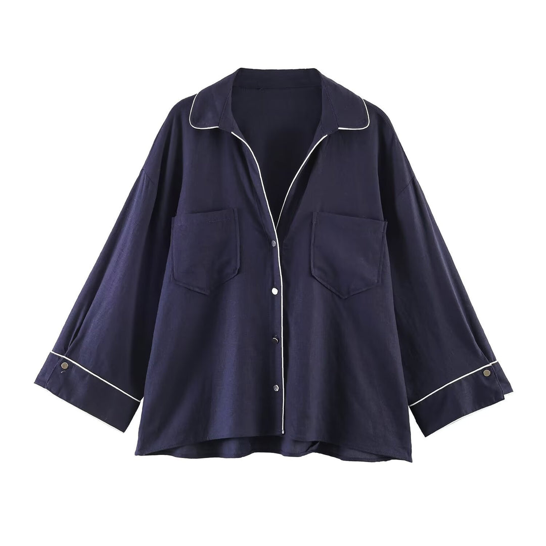 Damen Pyjama-inspirierte Oversize-Hemdbluse mit Kontrastpaspel und Brusttaschen Drune