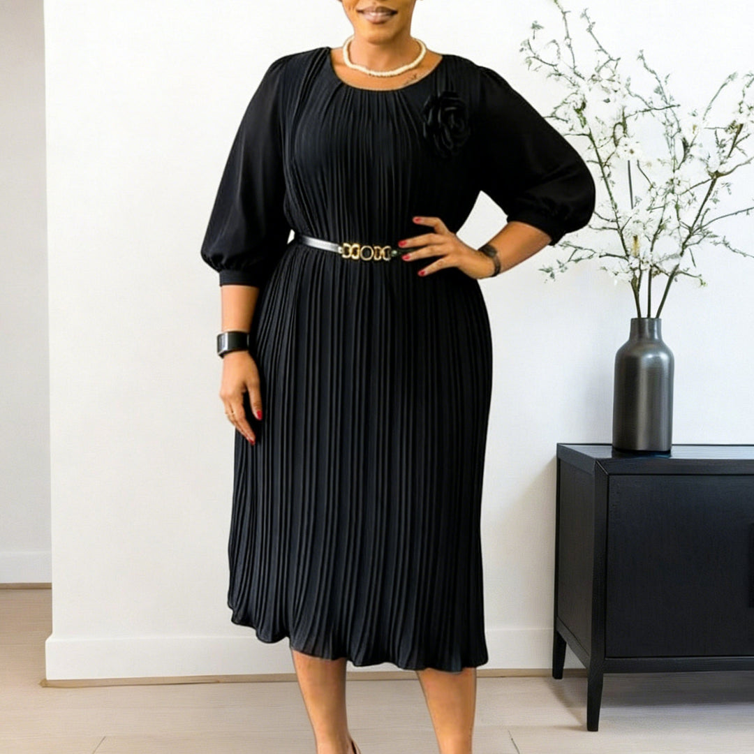 Damen Plissee Midi-Kleid mit eleganter Blumenapplikation und abnehmbarem Gürtel Drune