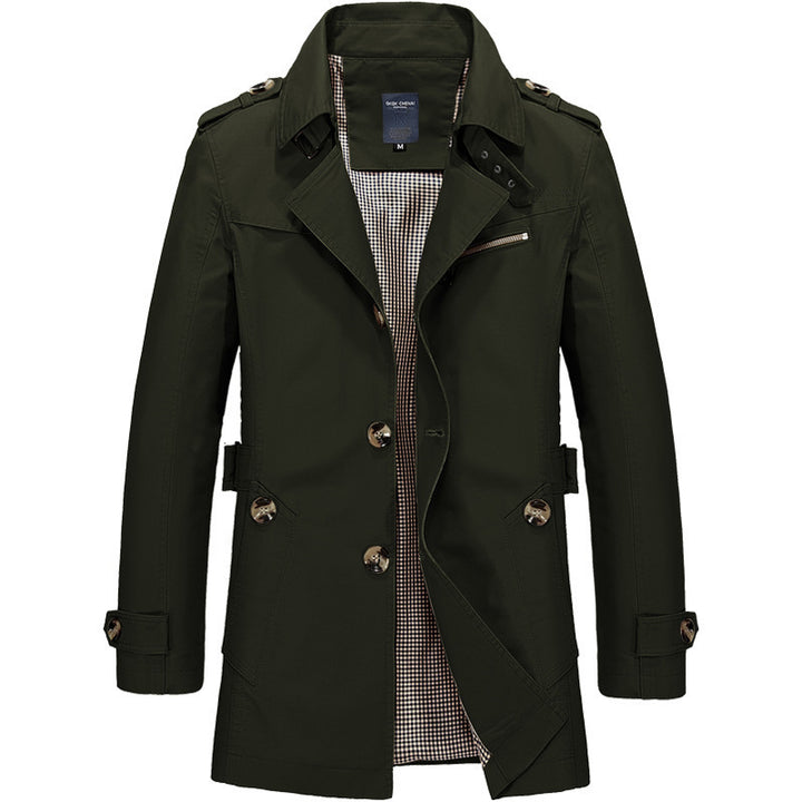 Herren moderner zweireihiger Trenchcoat mit Epauletten und kariertem Innenfutter Drune