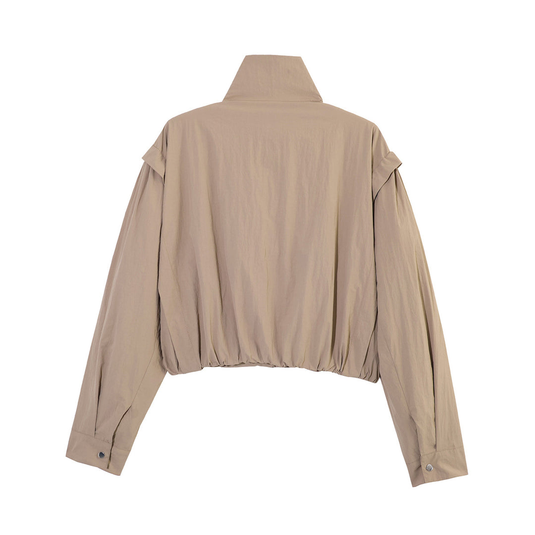 Damen Kurze Cropped-Übergangsjacke mit Stehkragen, geraffter Schulterpasse und Ballonärmeln Drune