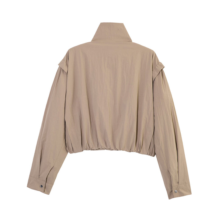 Damen Kurze Cropped-Übergangsjacke mit Stehkragen, geraffter Schulterpasse und Ballonärmeln Drune