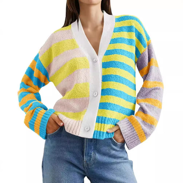 Damen lockerer gestreifter Frottee-Cardigan mit V-Ausschnitt und Knopfleiste Drune