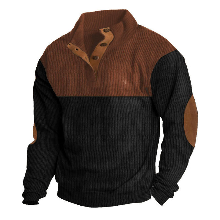 Herren nan strukturiertes Rugby-Pullover mit Stehkragen, Knopfleiste und Leder-Ellenbogenpatches Drune