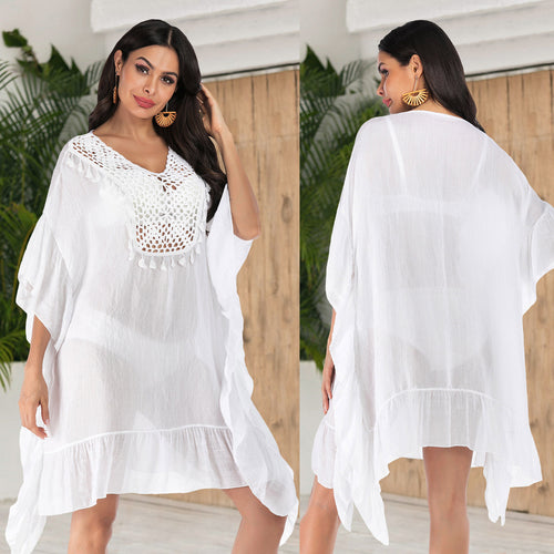 Damen Häkel-Strandkleid mit fransigem Saum und dekorativen Akzenten Drune