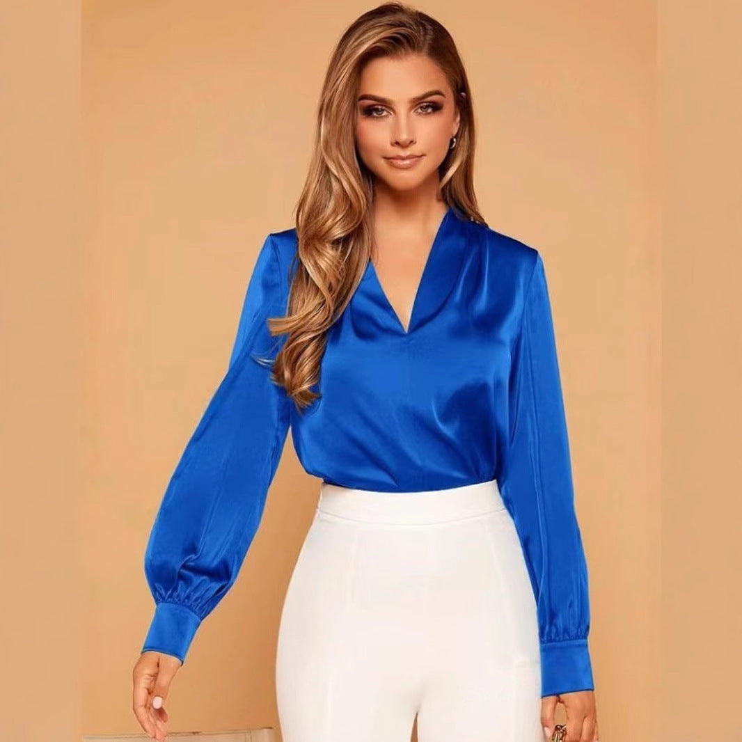 Damen Satinbluse mit elegantem V-Ausschnitt und weiten Ärmeln Drune