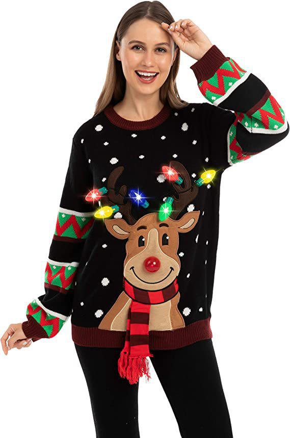 Damen nan weihnachtlicher Strickpullover mit Rentierapplikation integrierter Lichterkette und dreidimensionalem Nasenpompom Drune