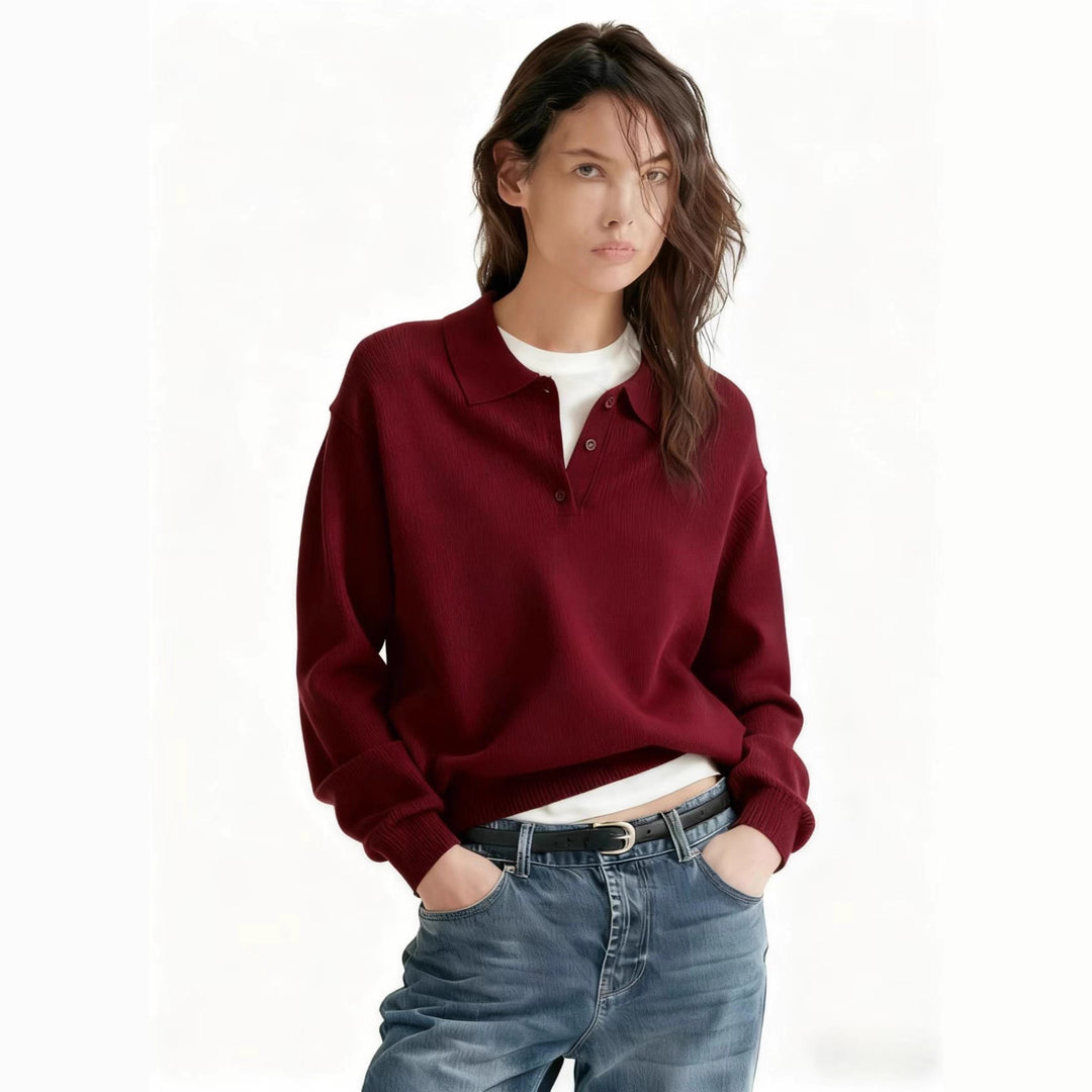 Damen Feinstrick-Polo-Sweater mit Knopfleiste und geripptem Saum Drune