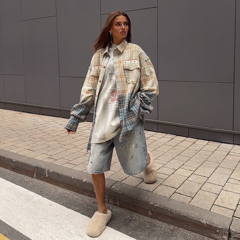 Damen Oversized Karo-Hemdjacke mit Taschen Drune