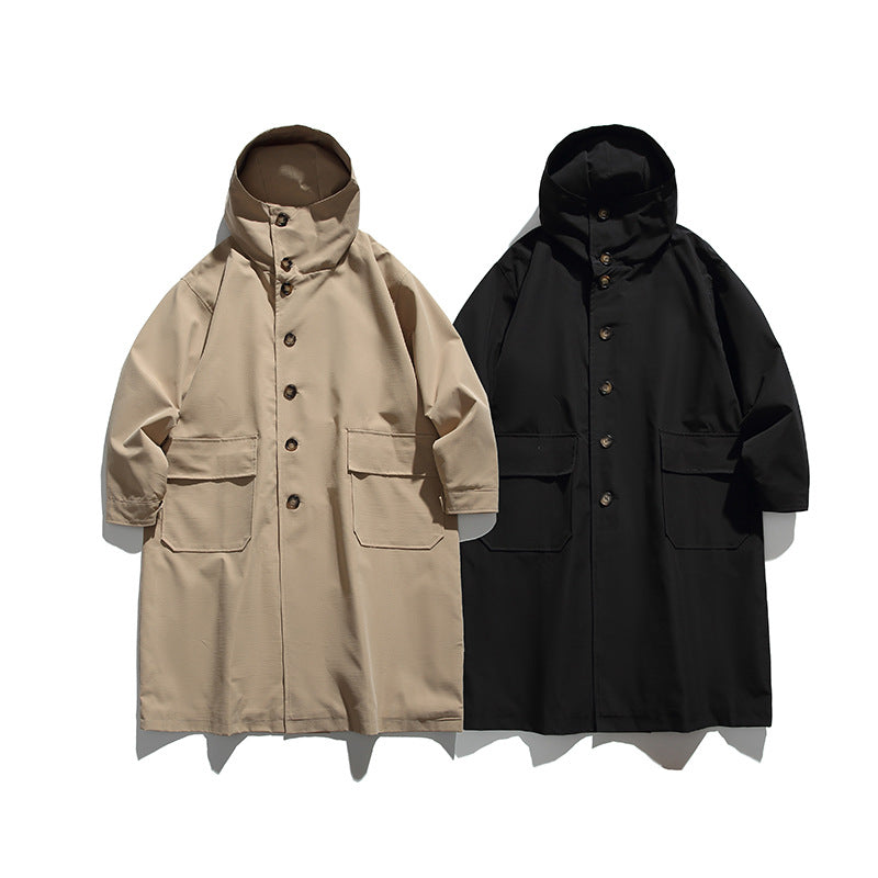 Unisex Langer Kapuzenmantel im Boxy‑Cut mit verdeckter Knopfleiste und großen Pattentaschen Drune
