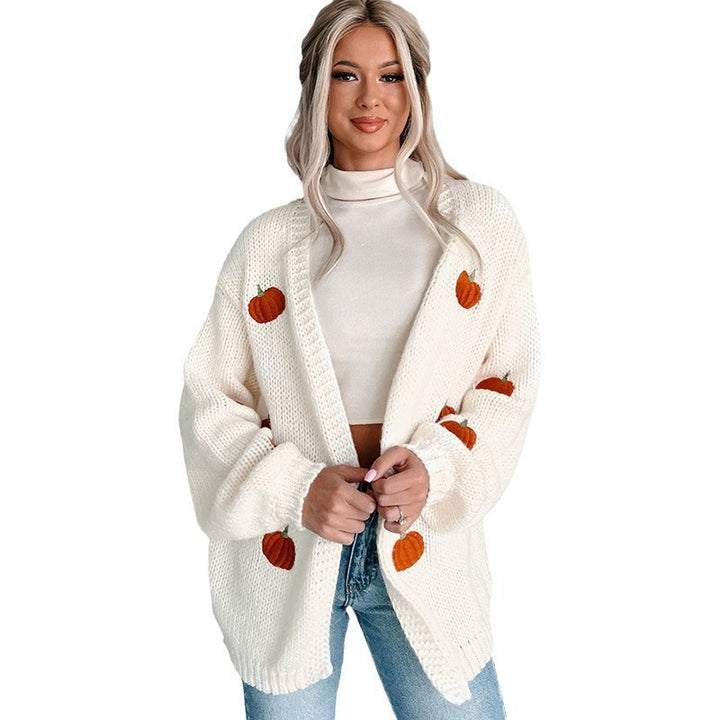 Damen Kuscheliger Oversize-Strickcardigan mit Kürbis‑Stickerei Drune