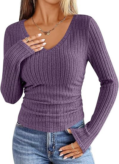 Damen Geripptes tailliertes Langarm-Feinstrickshirt mit V‑Ausschnitt und Ärmelschlitz Drune