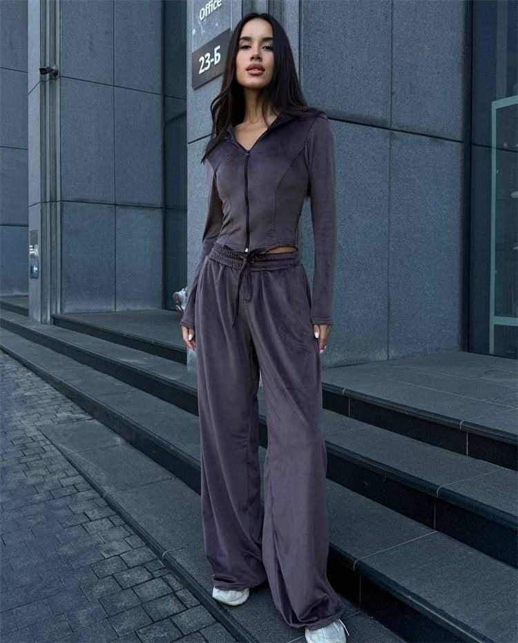 Damen Lounge-Set mit taillierter Kapuzenjacke und extraweiter Palazzo-Jogginghose Drune