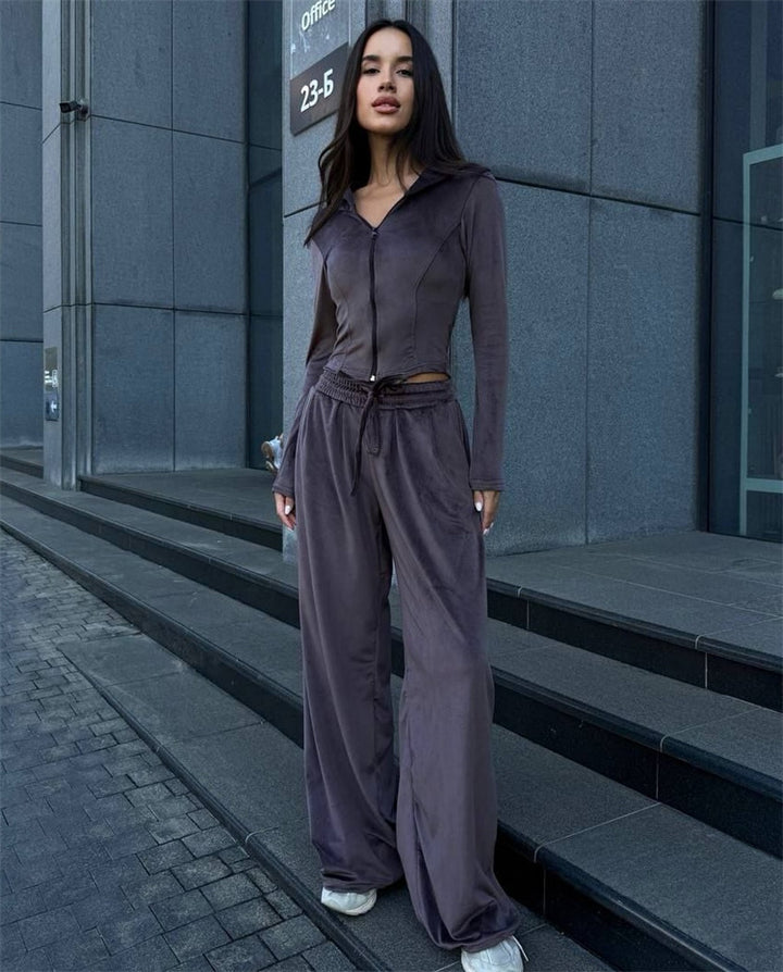 Damen Lounge-Set mit taillierter Kapuzenjacke und extraweiter Palazzo-Jogginghose Drune