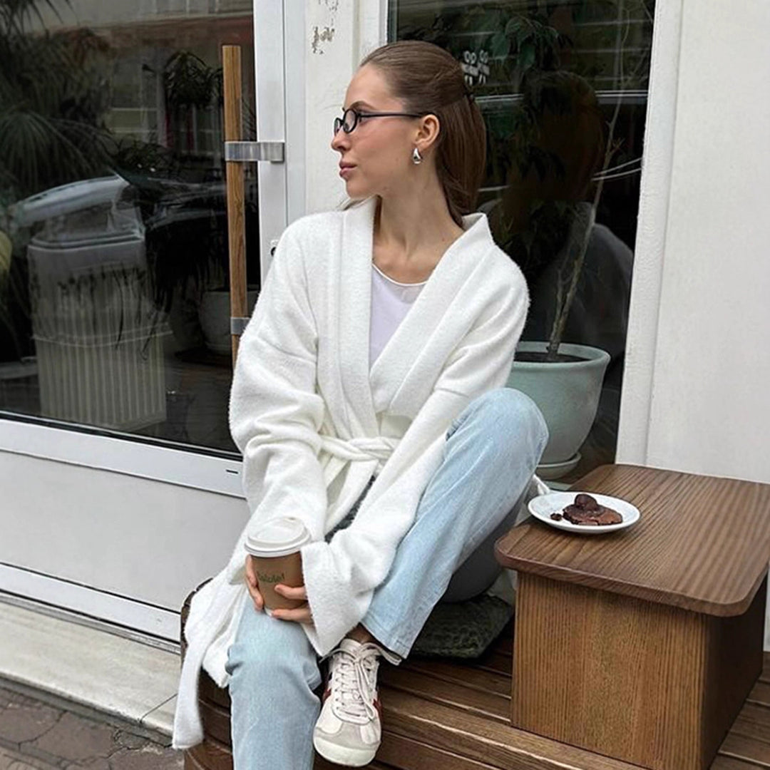 Damen modische offene Strickjacke mit Taillengürtel und weitem Schnitt Drune