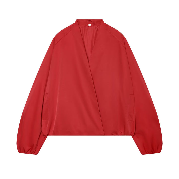 Damen Oversize Cropped Bomberjacke mit offenem V-Ausschnitt und elastischem Saum Drune