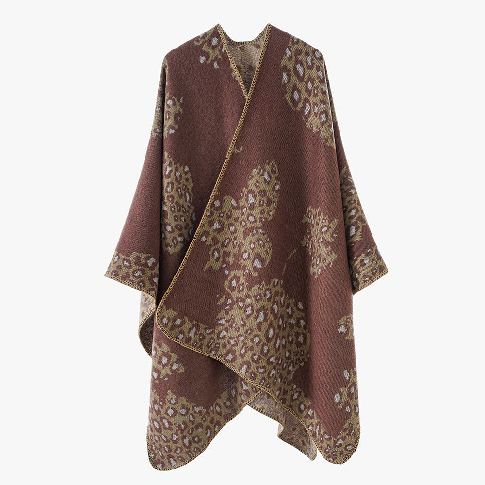 Damen Wolloptik-Überwurf mit gewebtem Leopard-Jacquard und offenem Zipfelrand Drune
