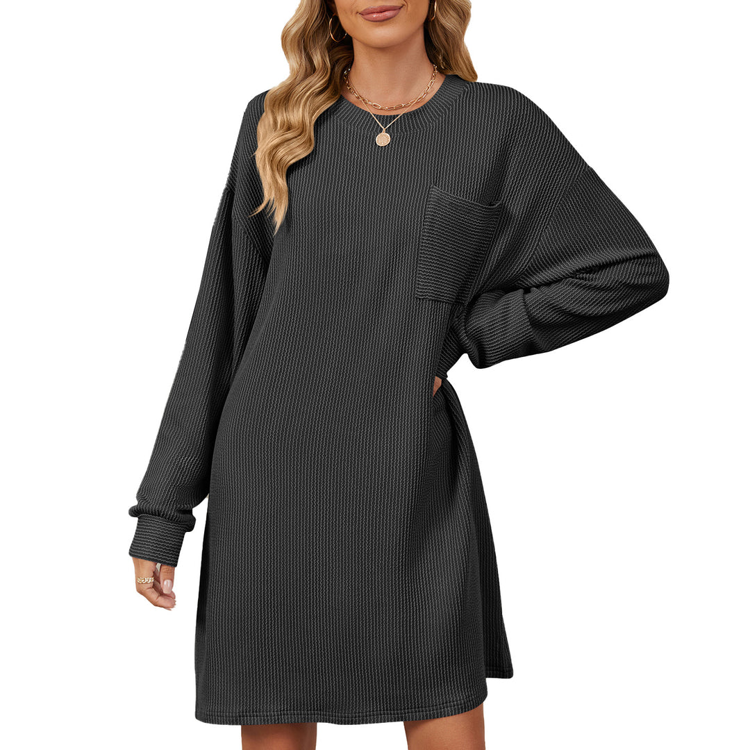 Damen lässiges Langarm Kleid mit praktischen Taschen und modernem Strukturdesign Drune