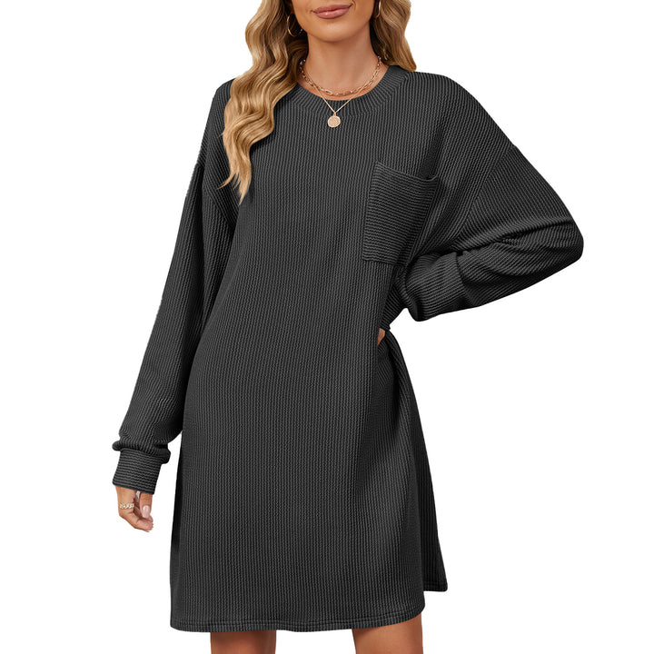 Damen lässiges Langarm Kleid mit praktischen Taschen und modernem Strukturdesign Drune